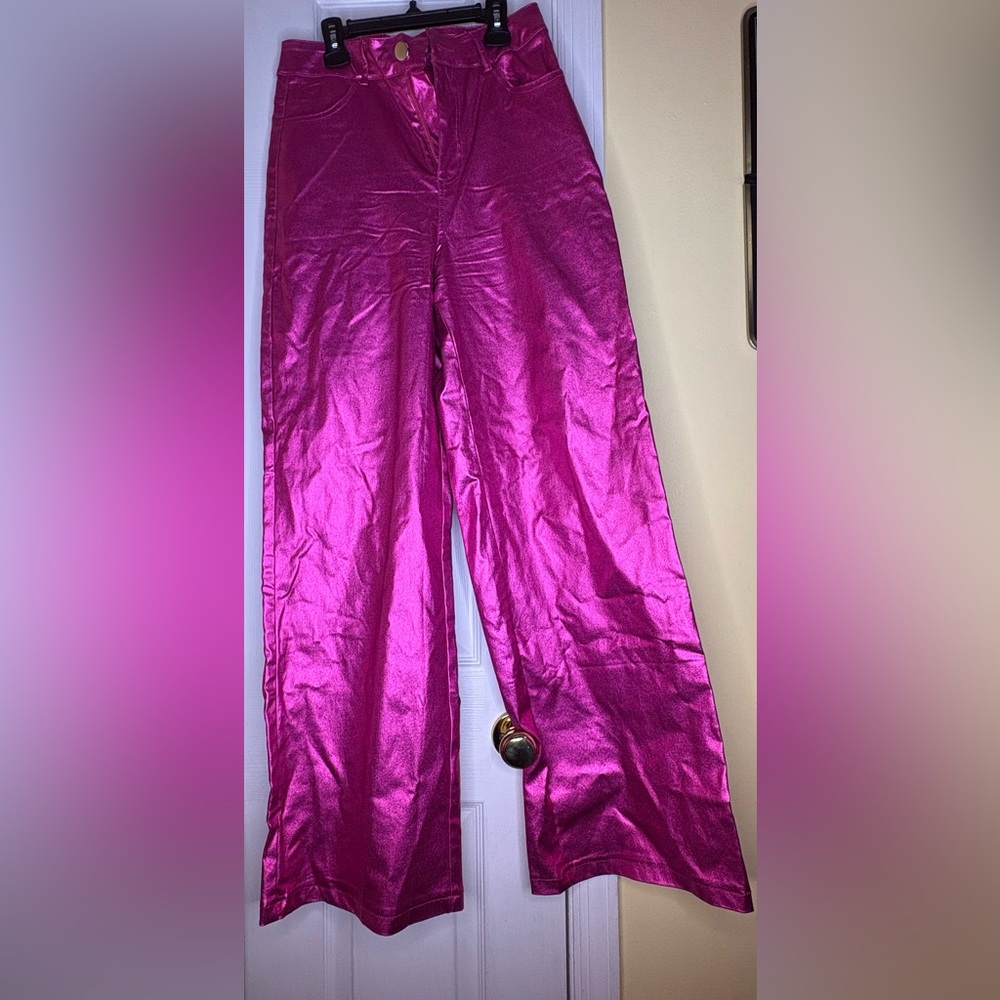 High-Waist Metallic Pink Wide-Leg Pants